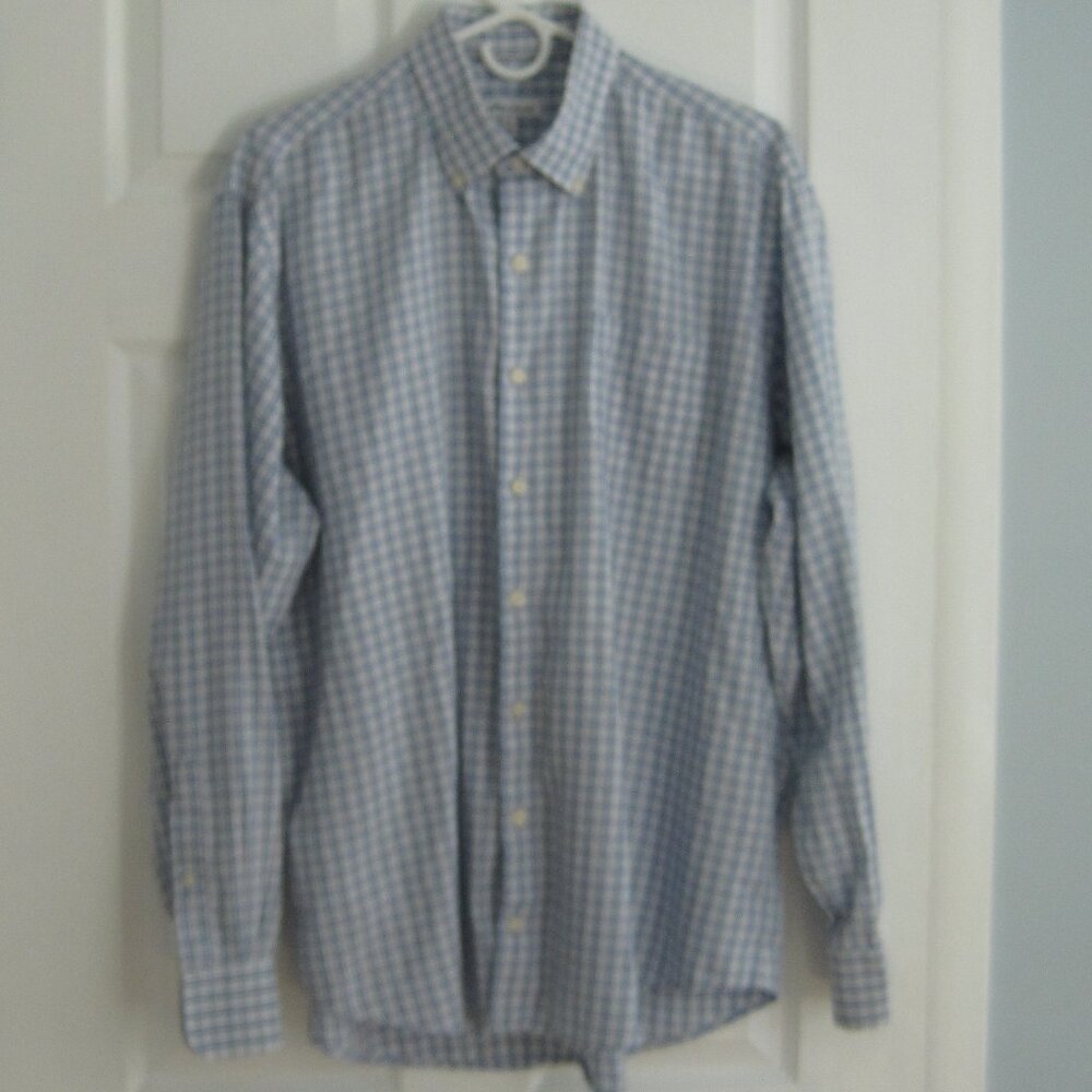 Peter Millar Long Sleeve Button Down Dress Shirt XL Blue White Plaid Cotton Silk